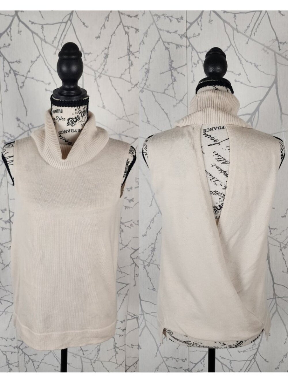 BCBG Maxazria Ivory 100% Merino Wool Surplice Back Turtleneck Tank